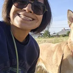 Angelica smiling on a walk